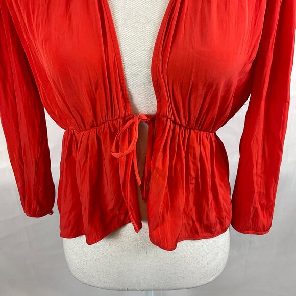 Wilfred Tie Top S Cherry Orange-Red Pucker Pleats Long Sleeve - Picture 4 of 11